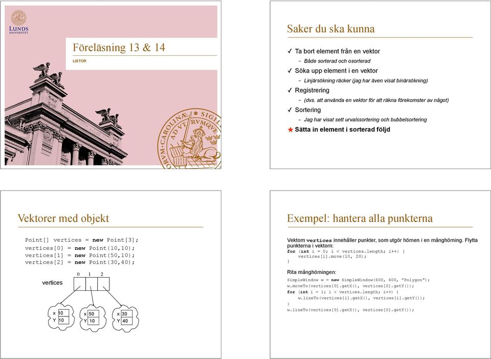 att använda en vektor för att räkna förekomster av något) Sortering Jag har visat sett urvalssortering och bubbelsortering Sätta in element i sorterad följd Vektorer med objekt Exempel: hantera alla