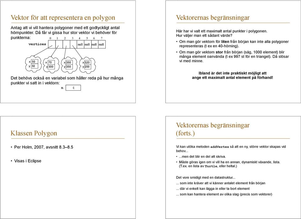 många punkter vi satt in i vektorn: n 4 Vektorernas begränsningar Här har vi valt ett maximalt antal punkter i polygonen. Hur väljer man ett sådant värde?