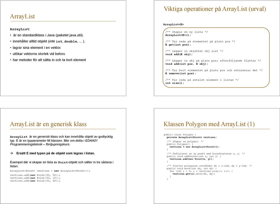 pos); /** Lägger in objektet obj sist */ void add(e obj); /** Lägger in obj på plats pos; efterföljande flyttas */ void add(int pos, E obj); /** Tar bort elementet på plats pos och returnerar det */