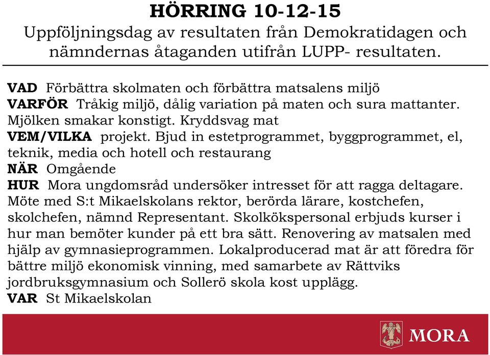 Bjud in estetprogrammet, byggprogrammet, el, teknik, media och hotell och restaurang NÄR Omgående HUR Mora ungdomsråd undersöker intresset för att ragga deltagare.