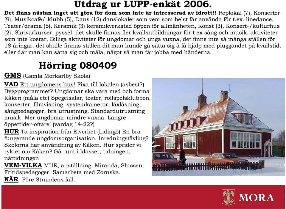 linedance, Teater/drama (5), Keramik (3) keramikverkstad öppen för allmänheten, Konst (3), Konsert-/kulturhus (2), Skrivarkurser, pyssel, det skulle finnas fler kvällsutbildningar för t ex sång och