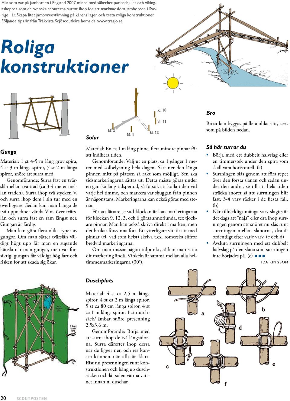 Roliga konstruktioner Gunga Material: 1 st 4-5 m lång grov spira, 4 st 3 m långa spiror, 5 st 2 m långa spiror, snöre att surra med.