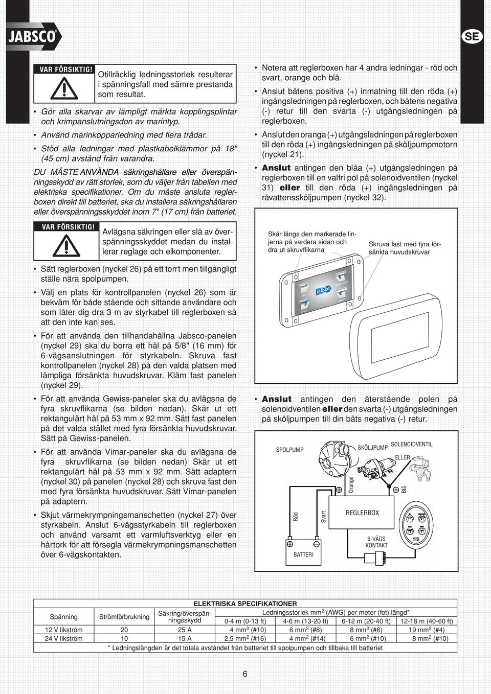 DU MÅSTE ANV NDA ANV NDA ANVÄNDA säkringshållare eller överspänningsskydd av rätt storlek, som du väljer från tabellen med elektriska specifikationer.