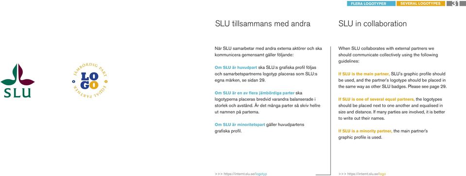 Om SLU är en av flera jämbördiga parter ska logotyperna placeras bredvid varandra balanserade i storlek och avstånd. Är det många parter så skriv hellre ut namnen på parterna.