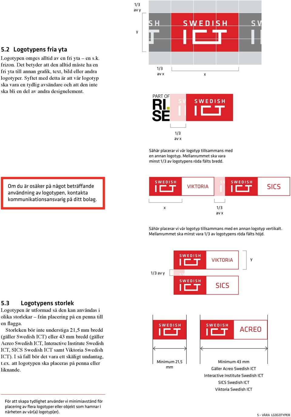 1/3 av x x 1/3 av x Såhär placerar vi vår logotyp tillsammans med en annan logotyp. Mellanrummet ska vara minst 1/3 av logotypens röda fälts bredd.