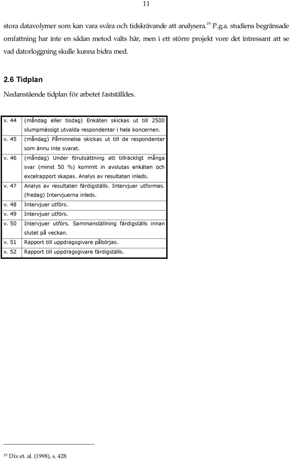 v. 46 (måndag) Under förutsättning att tillräckligt många svar (minst 50 %) kommit in avslutas enkäten och excelrapport skapas. Analys av resultaten inleds. v. 47 Analys av resultaten färdigställs.