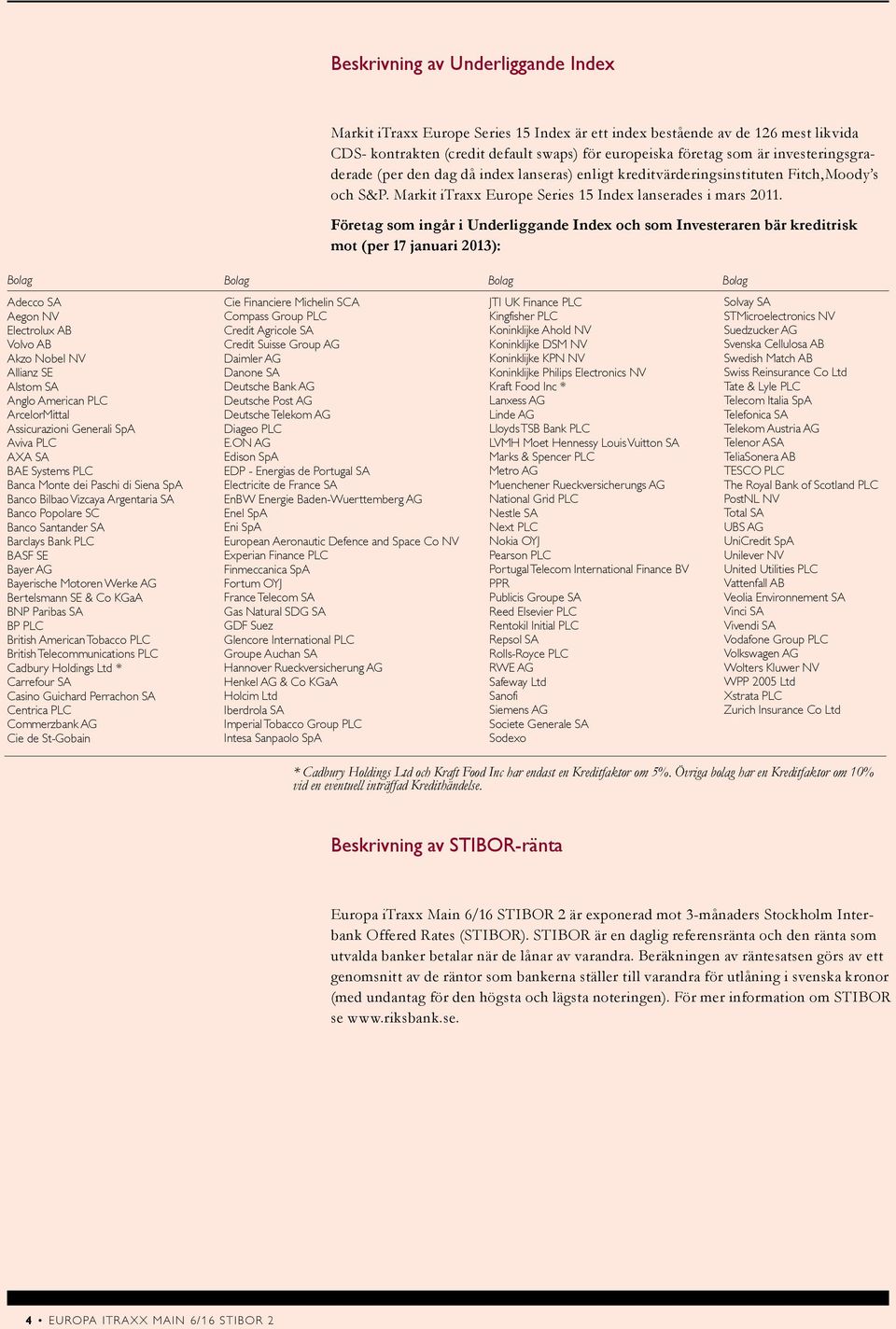 Företag som ingår i Underliggande Index och som Investeraren bär kreditrisk mot (per 17 januari 2013): Bolag Bolag Bolag Bolag Adecco SA Aegon NV Electrolux AB Volvo AB Akzo Nobel NV Allianz SE