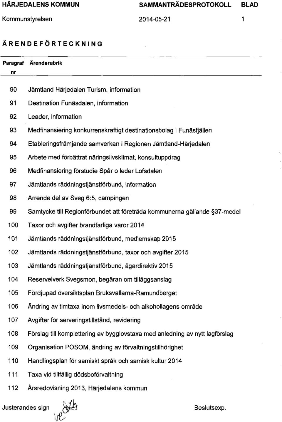 förbättrat näringslivsklimat, konsultuppdrag 96 Medfinansiering förstudie Spår o leder Lofsdalen 97 Jämtlands räddningstjänstförbund, information 98 Arrende del av Sveg 6:5, campingen 99 Samtycke