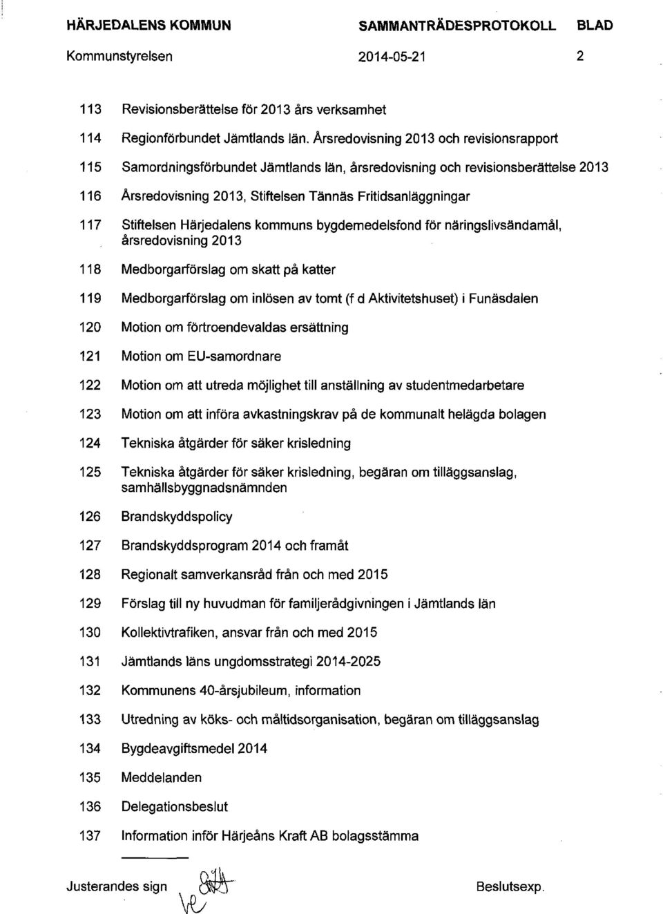 Härjedalens kommuns bygdemedelsfond för näringslivsändamål, årsredovisning 2013 Medborgarförslag om skatt på katter Medborgarförslag om inlösen av tomt (f d Aktivitetshuset) i Funäsdalen Motion om