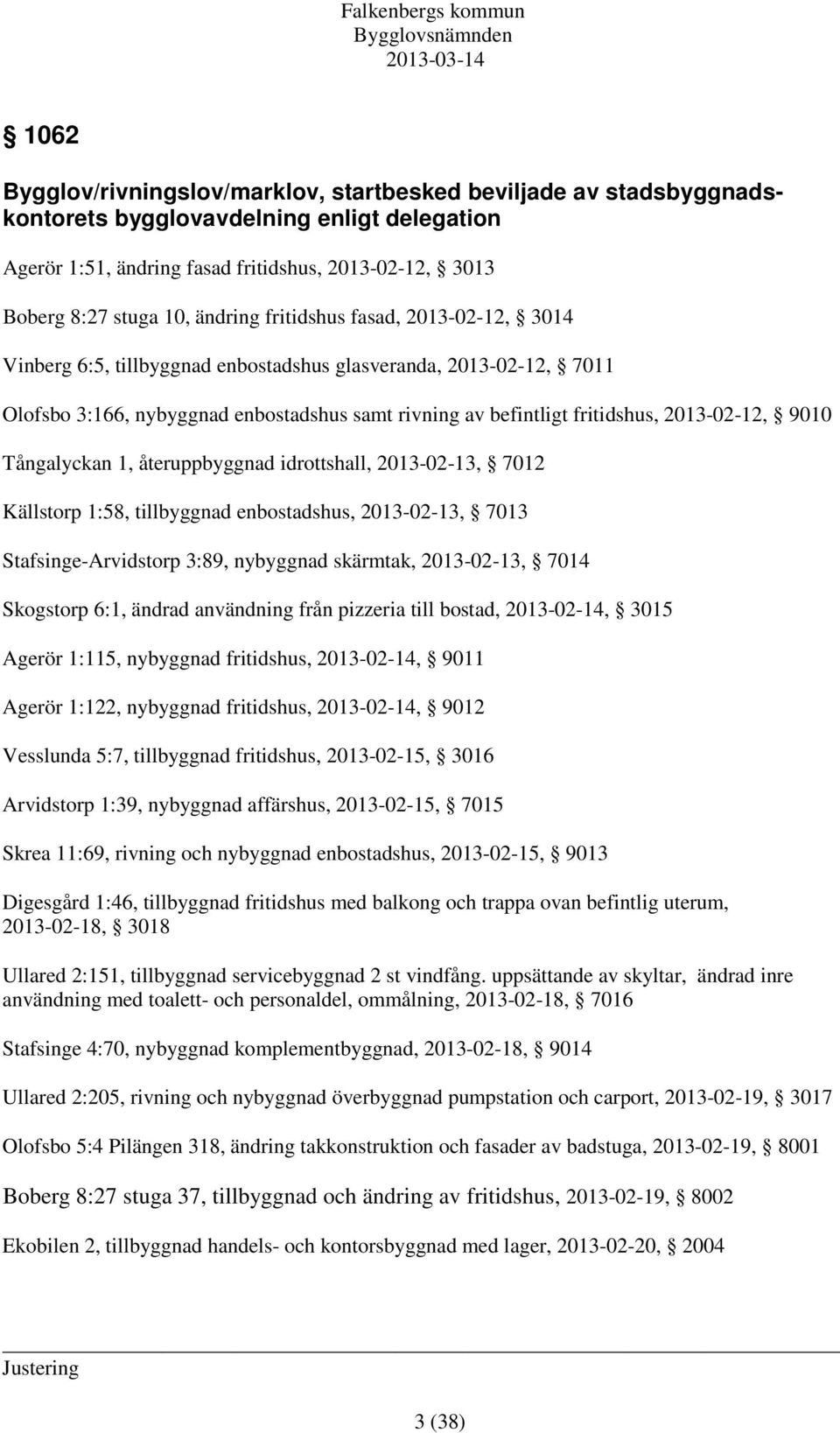 9010 Tångalyckan 1, återuppbyggnad idrottshall, 2013-02-13, 7012 Källstorp 1:58, tillbyggnad enbostadshus, 2013-02-13, 7013 Stafsinge-Arvidstorp 3:89, nybyggnad skärmtak, 2013-02-13, 7014 Skogstorp