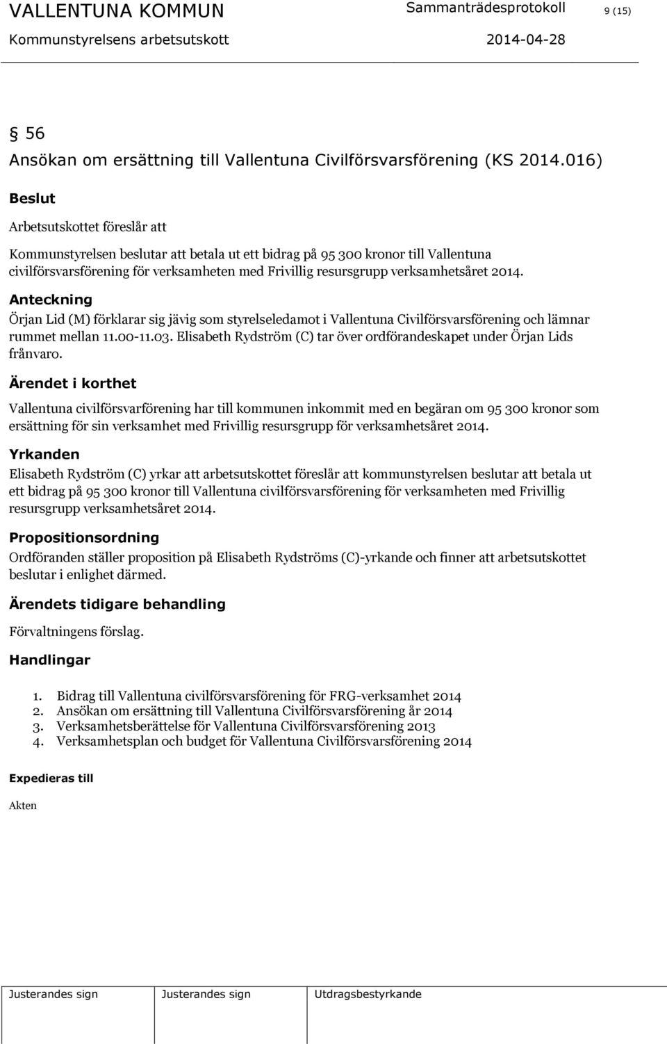 verksamhetsåret 2014. Anteckning Örjan Lid (M) förklarar sig jävig som styrelseledamot i Vallentuna Civilförsvarsförening och lämnar rummet mellan 11.00-11.03.