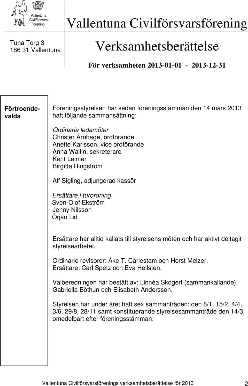 kassör Ersättare i turordning Sven-Olof Ekström Jenny Nilsson Örjan Lid Ersättare har alltid kallats till styrelsens möten och har aktivt deltagit i styrelsearbetet. Ordinarie revisorer: Åke T.