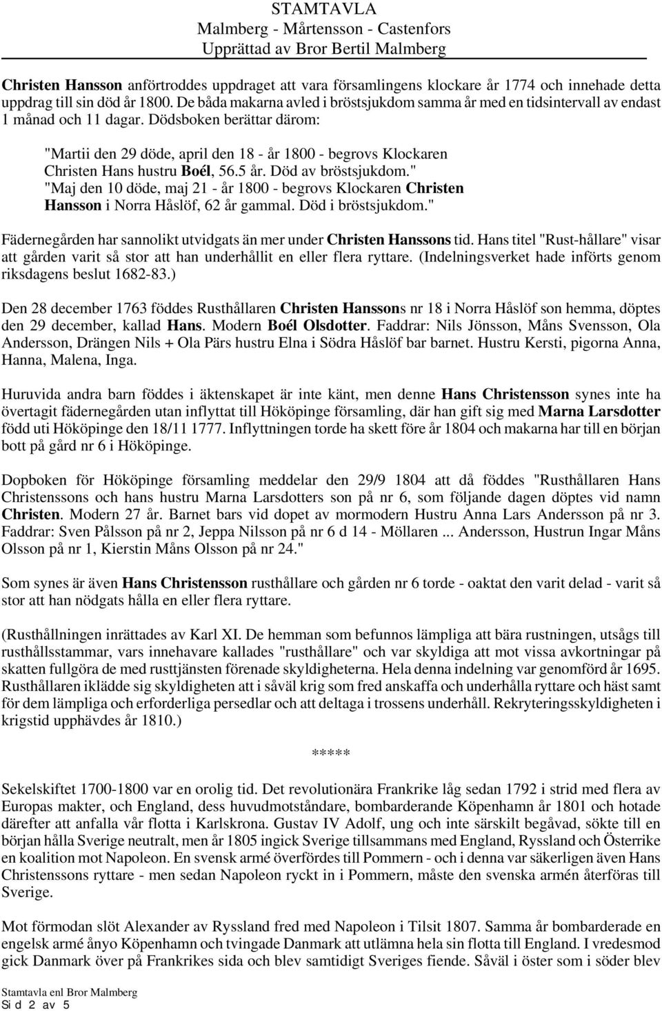 Dödsboken berättar därom: "Martii den 29 döde, april den 18 - år 1800 - begrovs Klockaren Christen Hans hustru Boél, 56.5 år. Död av bröstsjukdom.