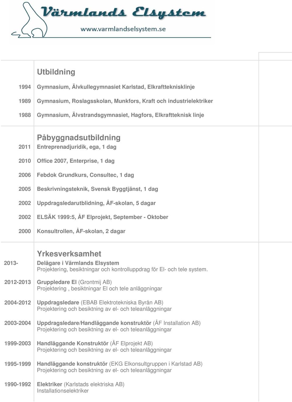 dag 2002 Uppdragsledarutblidning, ÅF-skolan, 5 dagar 2002 ELSÄK 1999:5, ÅF Elprojekt, September - Oktober 2000 Konsultrollen, ÅF-skolan, 2 dagar - 2012- Yrkesverksamhet Delägare i Värmlands Elsystem