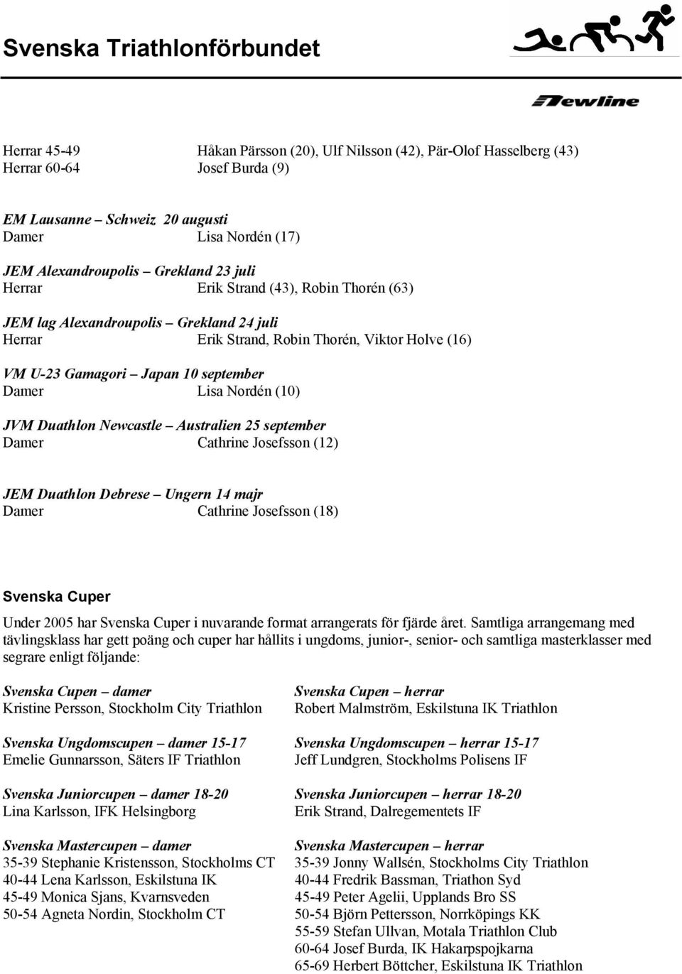 Duathlon Newcastle Australien 25 september Damer Cathrine Josefsson (12) JEM Duathlon Debrese Ungern 14 majr Damer Cathrine Josefsson (18) Svenska Cuper Under 2005 har Svenska Cuper i nuvarande