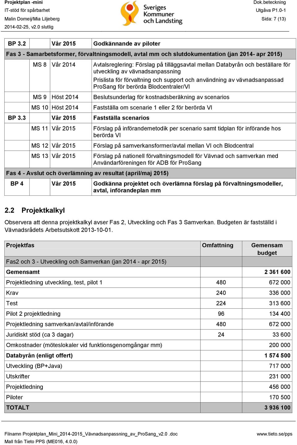 3 Vår 2015 Fastställa scenarios MS 11 Vår 2015 MS 12 Vår 2015 MS 13 Vår 2015 Avtalsreglering: Förslag på tilläggsavtal mellan Databyrån och beställare för utveckling av vävnadsanpassning Prislista