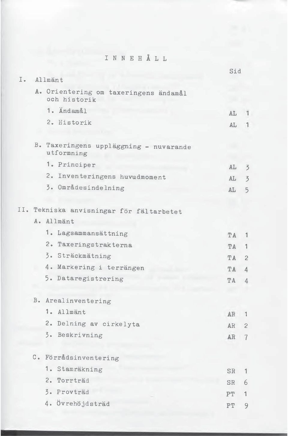 Tekniska anvisningar för A. Allmänt fältarbetet 1. Lagsammansättning TA 1 2. Taxeringstrakterna TA 1 3.