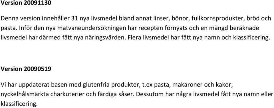 Flera livsmedel har fått nya namn och klassificering. Version 20090519 Vi har uppdaterat basen med glutenfria produkter, t.