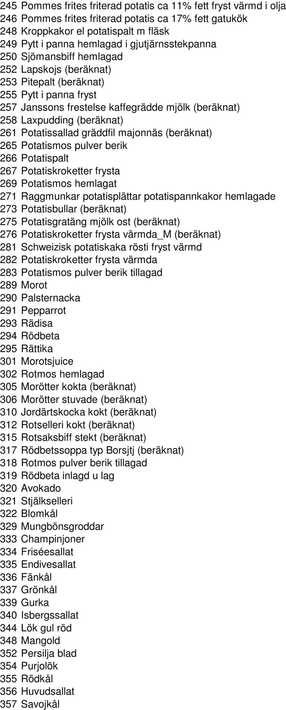 Potatissallad gräddfil majonnäs (beräknat) 265 Potatismos pulver berik 266 Potatispalt 267 Potatiskroketter frysta 269 Potatismos hemlagat 271 Raggmunkar potatisplättar potatispannkakor hemlagade 273