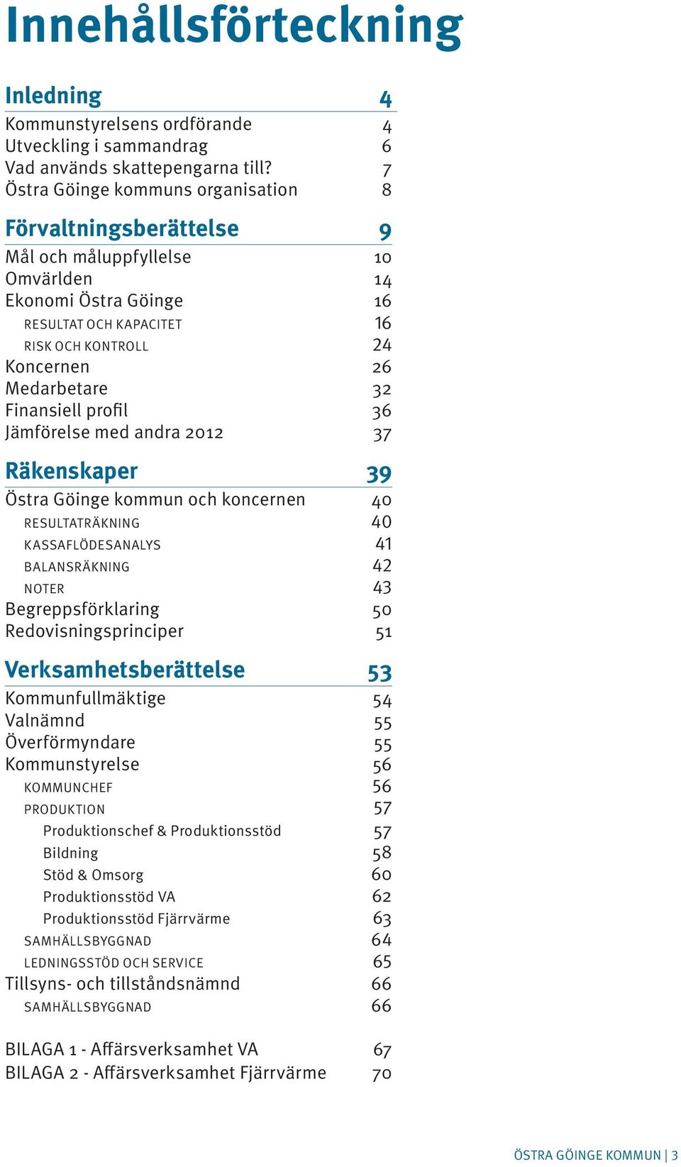 32 Finansiell profil 36 Jämförelse med andra 2012 37 Räkenskaper 39 Östra Göinge kommun och koncernen 40 RESULTATRÄKNING 40 KASSAFLÖDESANALYS 41 BALANSRÄKNING 42 NOTER 43 Begreppsförklaring 50