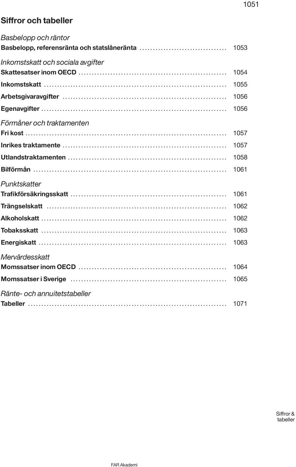 .. 1057 Utlandstraktamenten... 1058 Bilförmån... 1061 Punktskatter Trafikförsäkringsskatt... 1061 Trängselskatt... 1062 Alkoholskatt... 1062 Tobaksskatt.