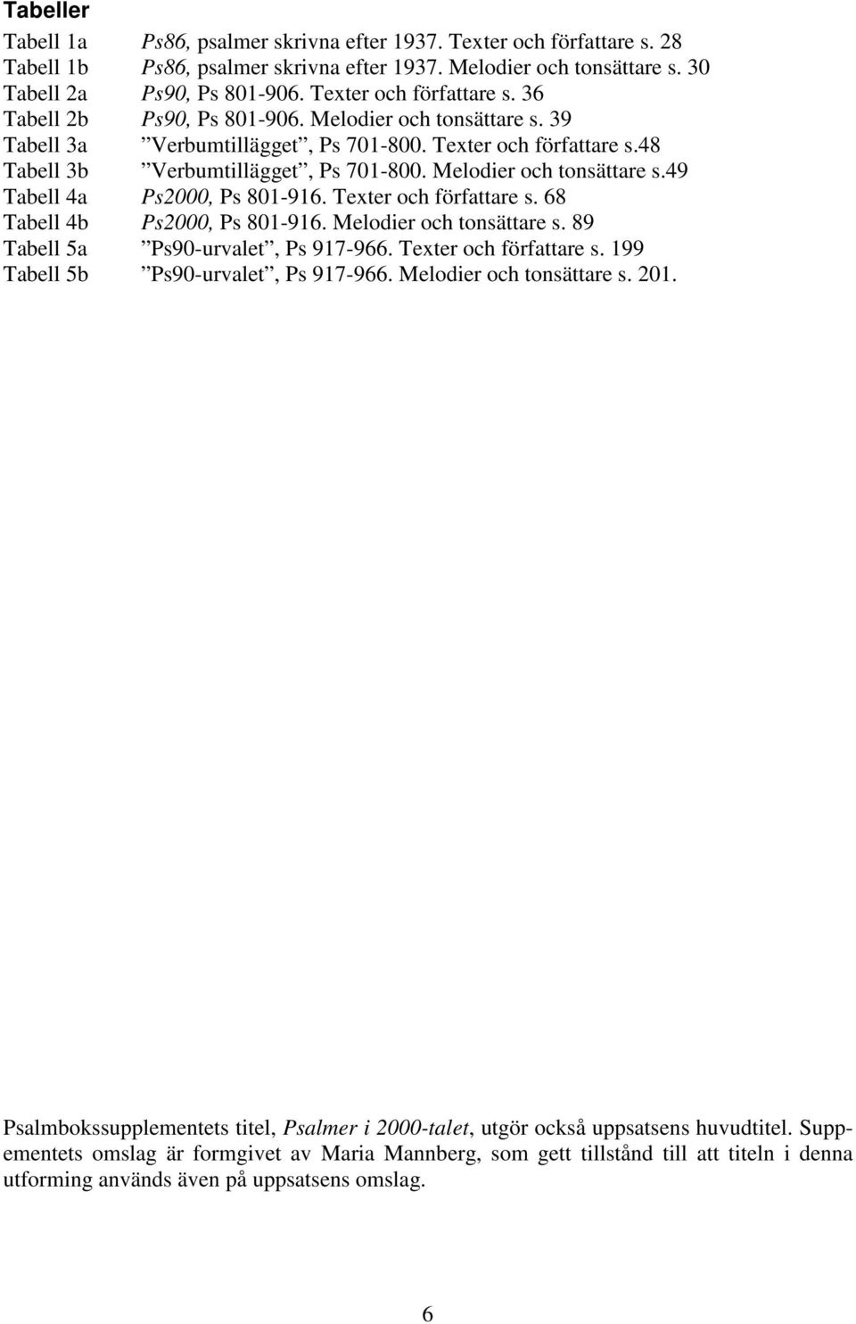 Melodier och tonsättare s.49 Tabell 4a Ps2000, Ps 801-916. Texter och författare s. 68 Tabell 4b Ps2000, Ps 801-916. Melodier och tonsättare s. 89 Tabell 5a Ps90-urvalet, Ps 917-966.