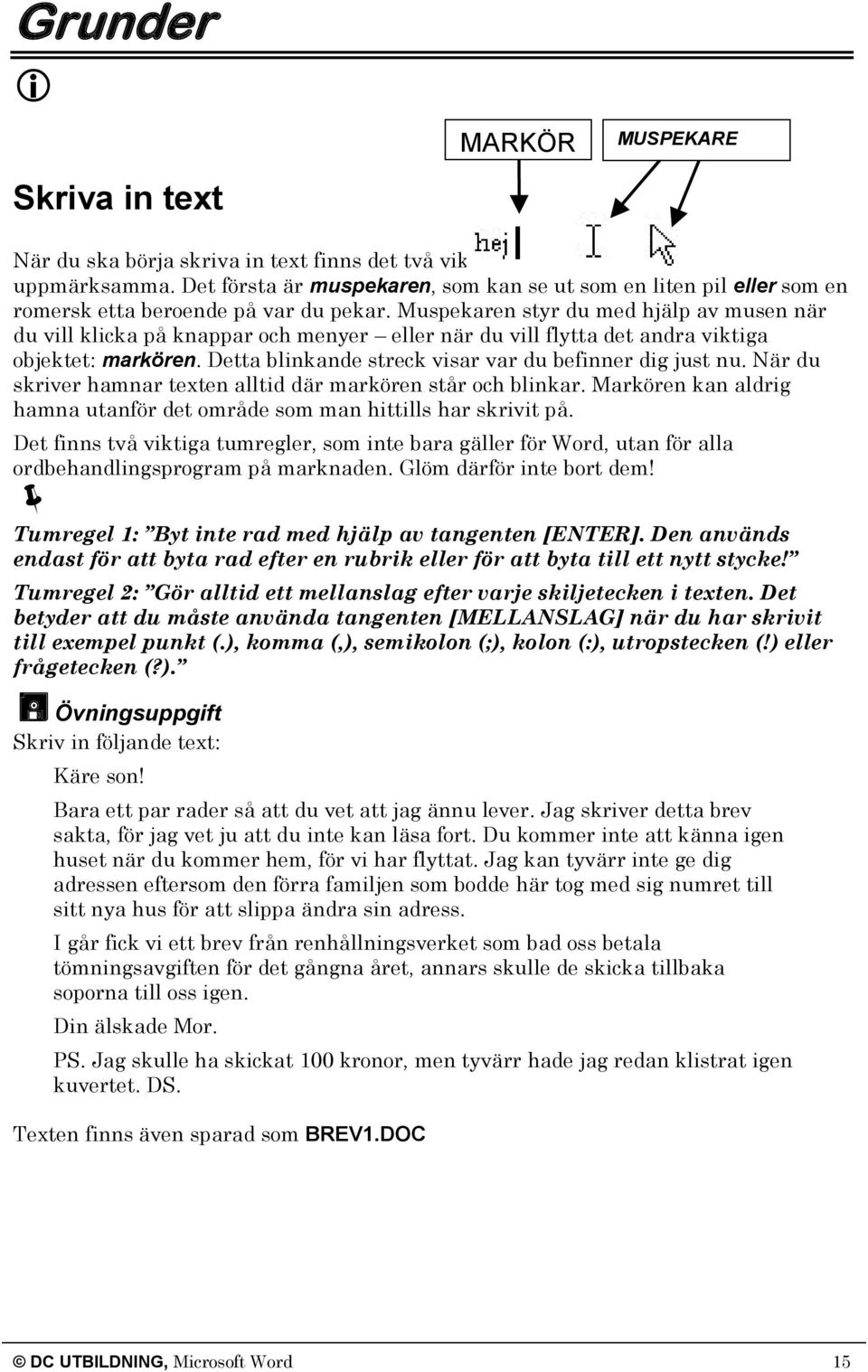 Muspekaren styr du med hjälp av musen när du vill klicka på knappar och menyer eller när du vill flytta det andra viktiga objektet: markören. Detta blinkande streck visar var du befinner dig just nu.