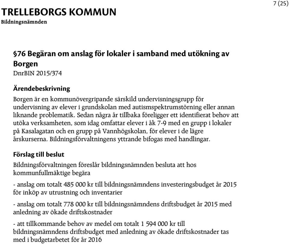 Sedan några år tillbaka föreligger ett identifierat behov att utöka verksamheten, som idag omfattar elever i åk 7-9 med en grupp i lokaler på Kasalagatan och en grupp på Vannhögskolan, för elever i