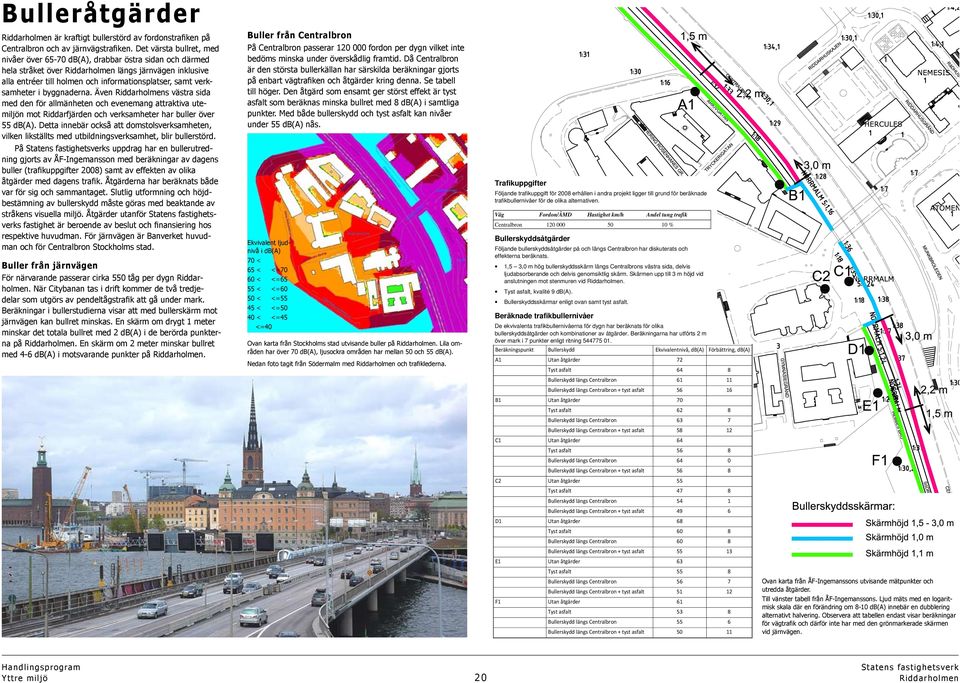 byggnaderna. Även s västra sida med den för allmänheten och evenemang attraktiva utemiljön mot Riddarfjärden och verksamheter har buller över 55 db(a).