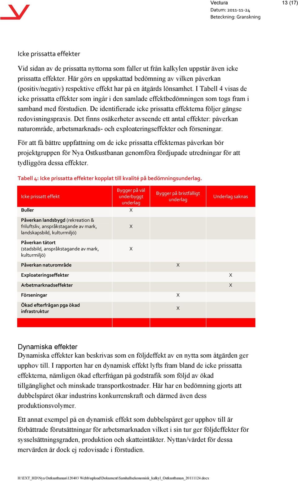 I Tabell 4 visas de icke prissatta effekter som ingår i den samlade effektbedömningen som togs fram i samband med förstudien.