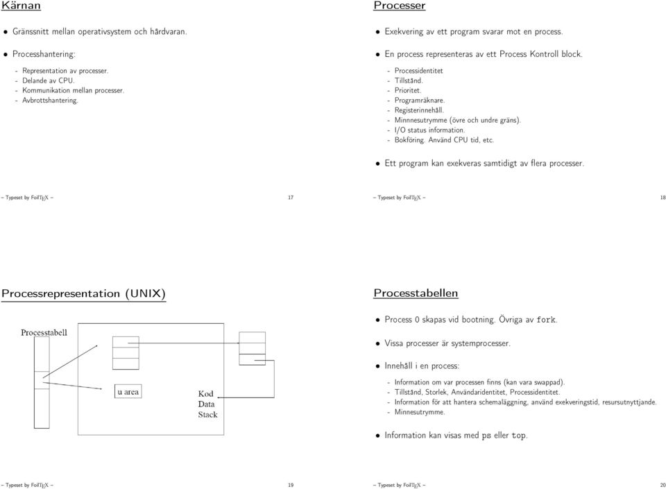 - Minnnesutrymme (övre och undre gräns). - I/O status information. - Bokföring. Använd CPU tid, etc. Ett program kan exekveras samtidigt av flera processer.