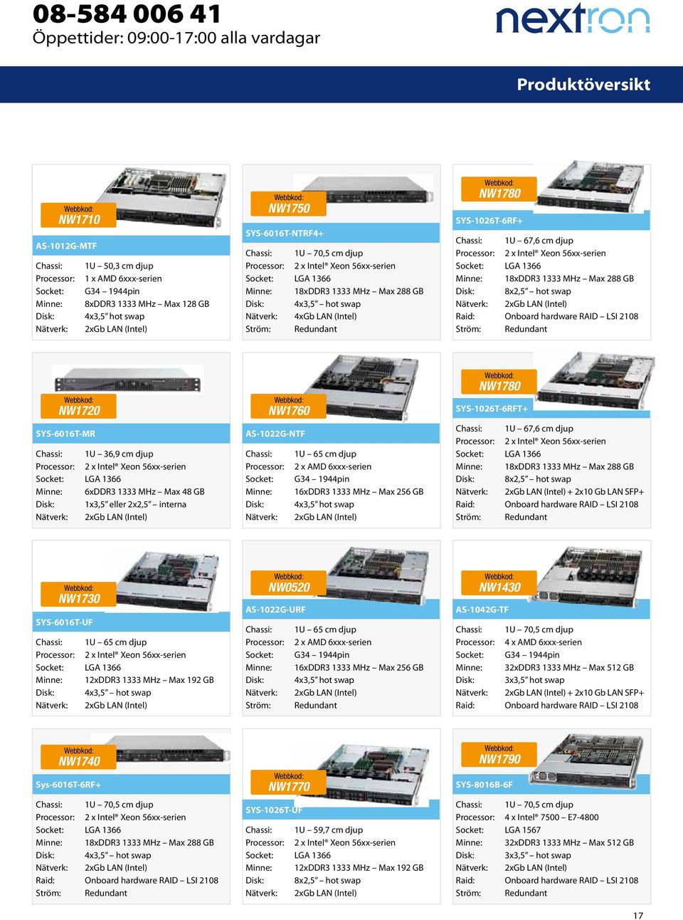 SYS-6016T-MR NW1720 1U 36,9 cm djup 6xDDR3 1333 MHz Max 48 GB 1x3,5 eller 2x2,5 interna AS-1022G-NTF NW1760 1U 65 cm djup 2 x AMD 6xxx-serien G34 1944pin 16xDDR3 1333 MHz Max 256 GB 4x3,5 hot swap