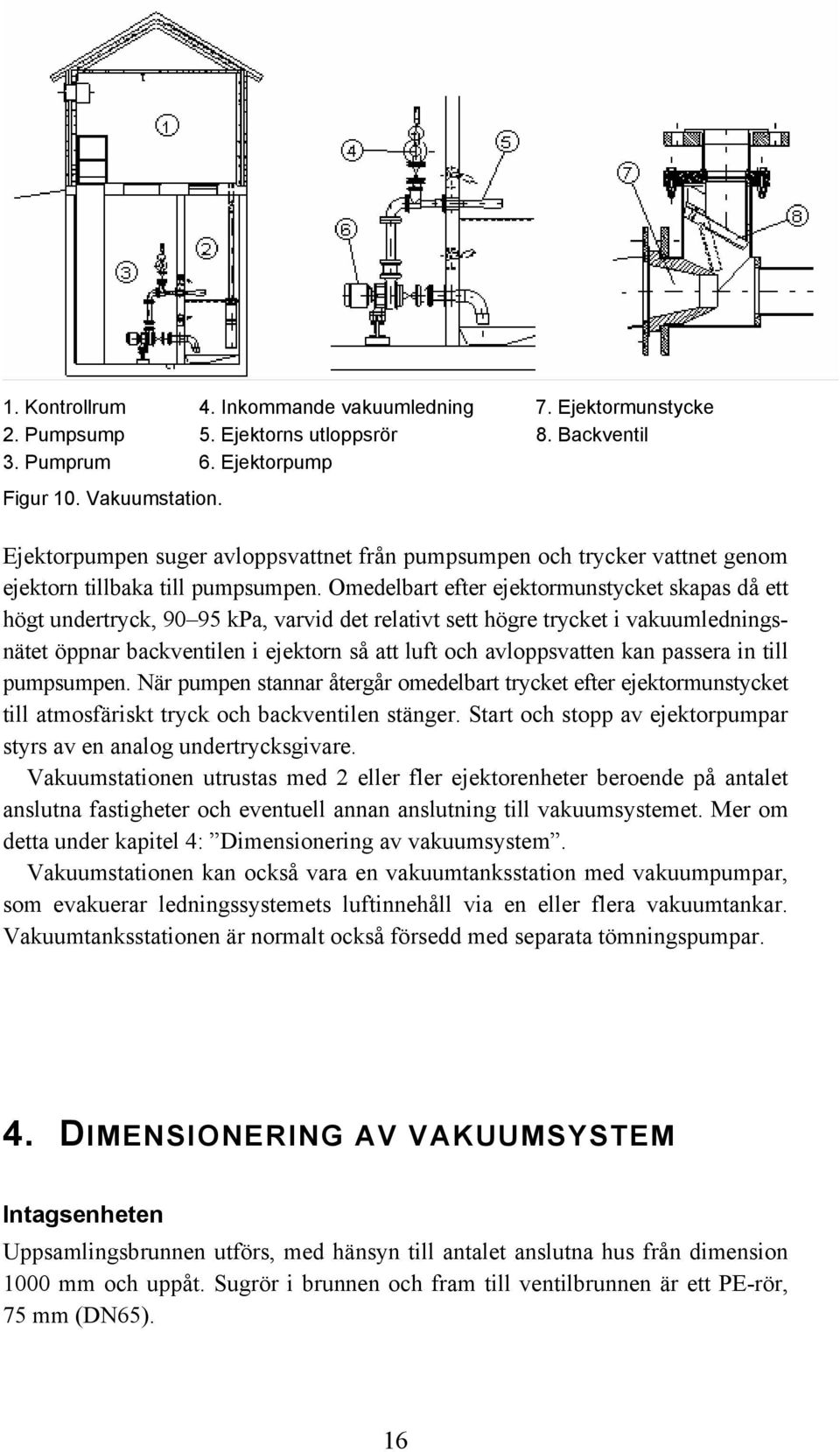 Omedelbart efter ejektormunstycket skapas då ett högt undertryck, 90 95 kpa, varvid det relativt sett högre trycket i vakuumledningsnätet öppnar backventilen i ejektorn så att luft och avloppsvatten