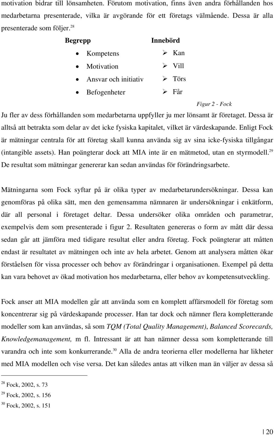 28 Begrepp Innebörd Kompetens Kan Motivation Vill Ansvar och initiativ Törs Befogenheter Får Figur 2 - Fock Ju fler av dess förhållanden som medarbetarna uppfyller ju mer lönsamt är företaget.