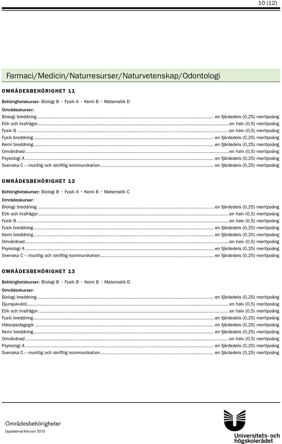 ..en halv (0,5) meritpoäng OMRÅDESBEHÖRIGHET 12 Behörighetskurser: Biologi B Fysik A Kemi B Matematik C Omvårdnad.