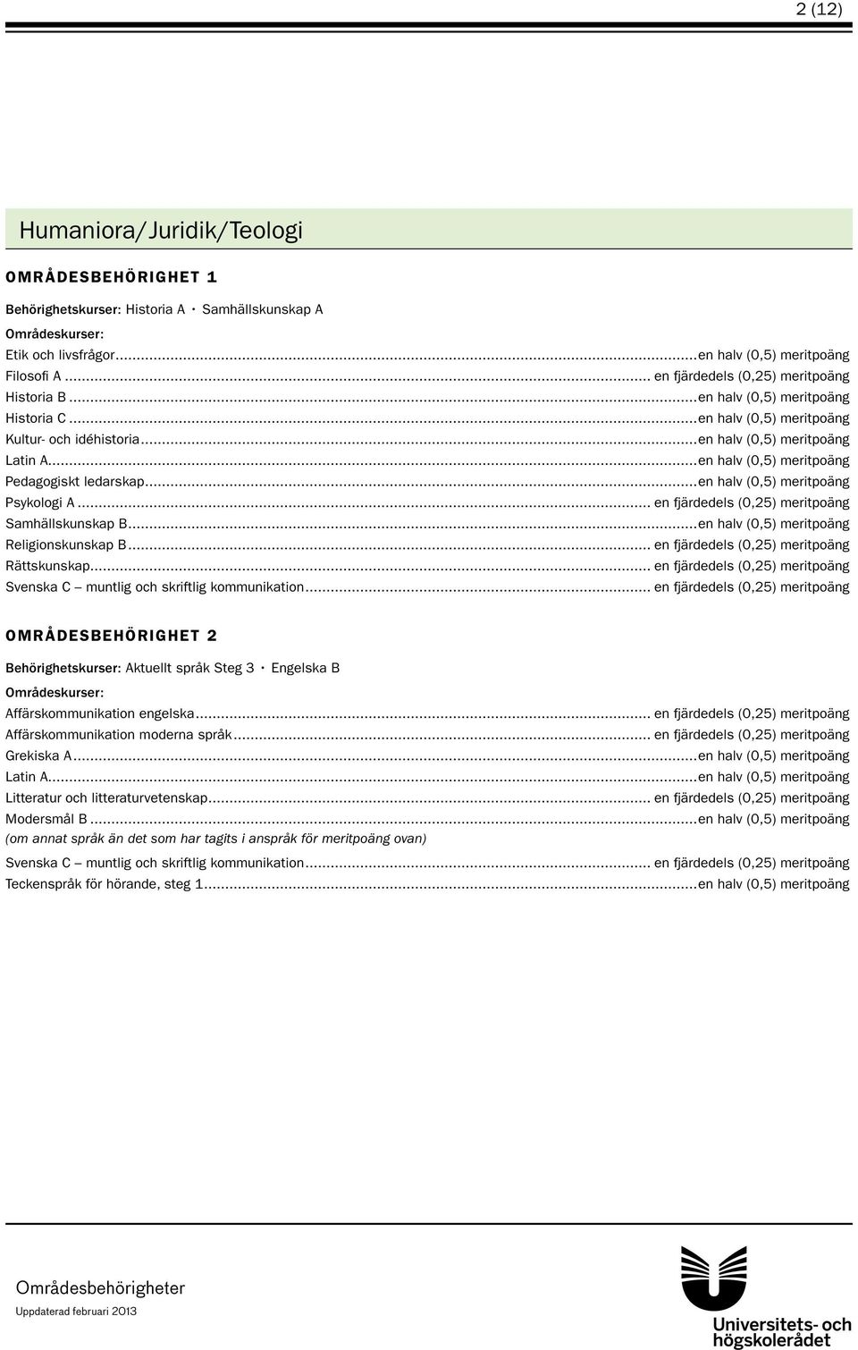 .. en fjärdedels (0,25) meritpoäng OMRÅDESBEHÖRIGHET 2 Behörighetskurser: Aktuellt språk Steg 3 Engelska B Affärskommunikation engelska.