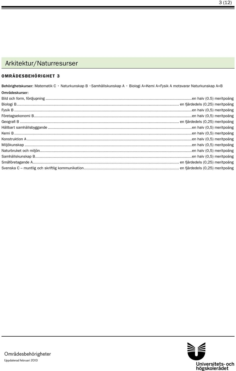 ..en halv (0,5) meritpoäng Geografi B... en fjärdedels (0,25) meritpoäng Hållbart samhällsbyggande...en halv (0,5) meritpoäng Kemi B.