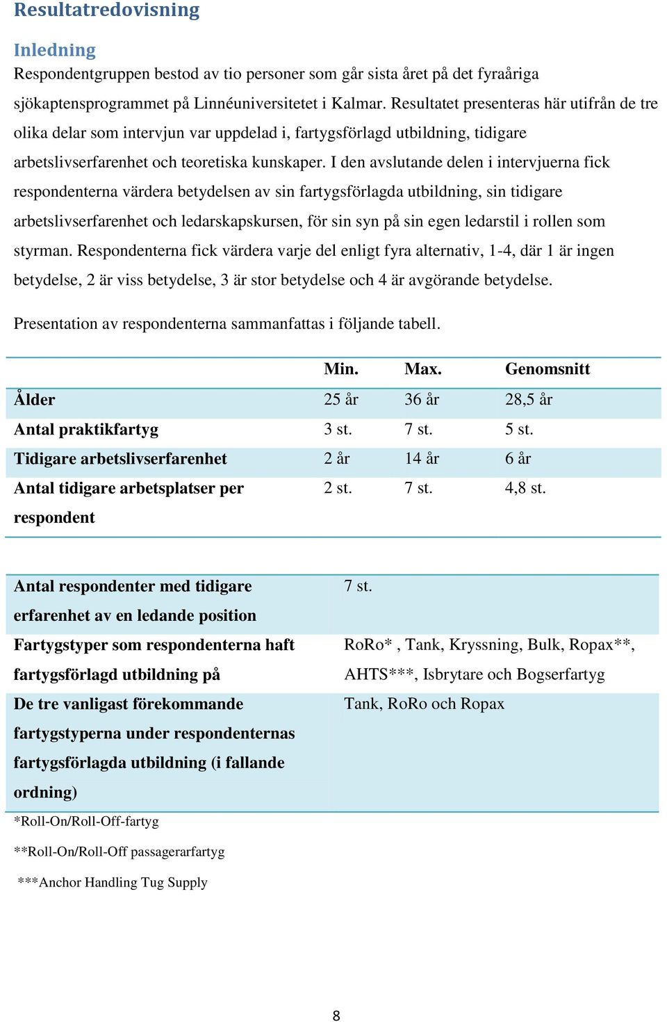 I den avslutande delen i intervjuerna fick respondenterna värdera betydelsen av sin fartygsförlagda utbildning, sin tidigare arbetslivserfarenhet och ledarskapskursen, för sin syn på sin egen