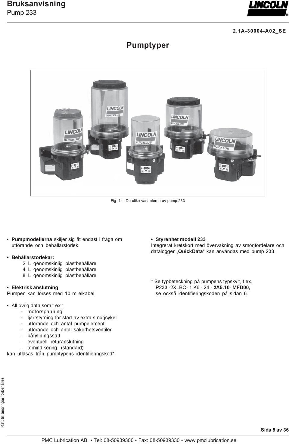Styrenhet modell 233 Integrerat kretskort med övervakning av smörjfördelare och datalogger QuickData kan användas med pump 233. * Se typbeteckning på pumpens typskylt, t.ex. P233-2XLBO- 1 K6-24 - 2A5.