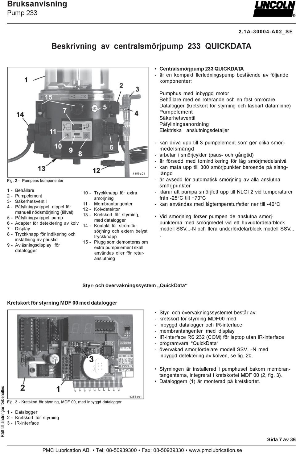 2 - Pumpens komponenter 1 - Behållare 2 - Pumpelement 3- Säkerhetsventil 4 - Påfyllningsnippel, nippel för manuell nödsmörjning (tillval) 5 - Påfyllningsnippel, pump 6 - Adapter för detektering av