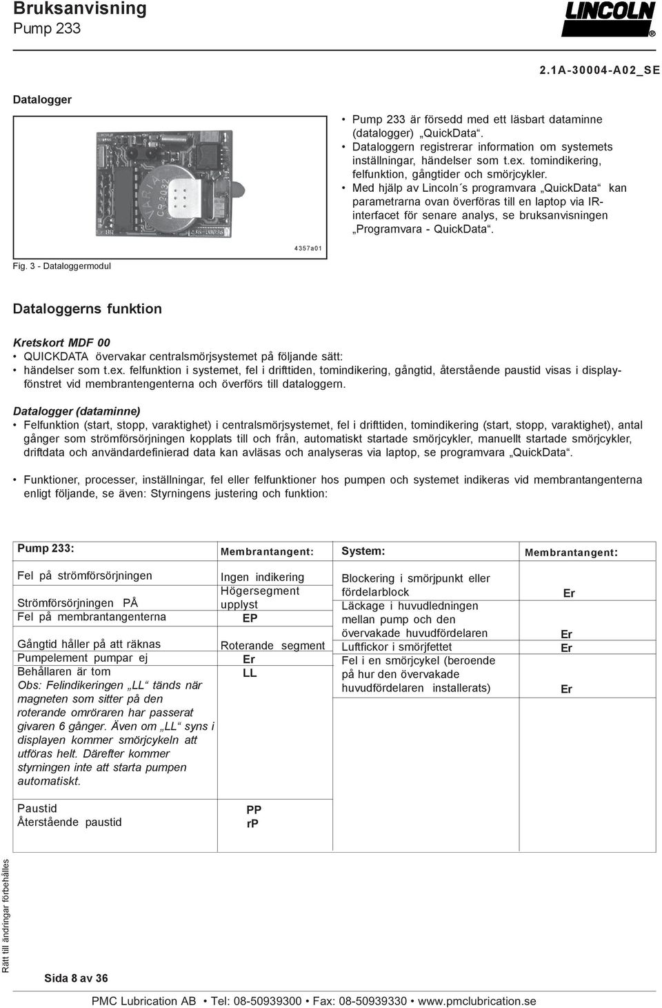 Med hjälp av Lincoln s programvara QuickData kan parametrarna ovan överföras till en laptop via IRinterfacet för senare analys, se bruksanvisningen Programvara - QuickData. 4357a01 Fig.