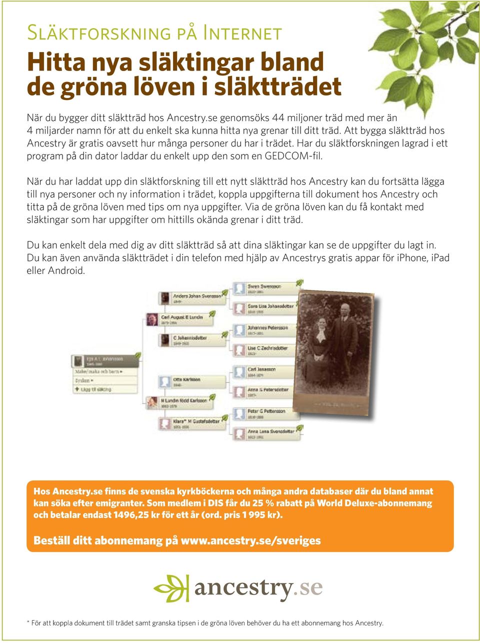 Att bygga släktträd hos Ancestry är gratis oavsett hur många personer du har i trädet. Har du släktforskningen lagrad i ett program på din dator laddar du enkelt upp den som en GEDCOM-fil.