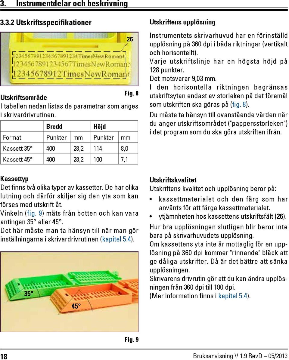 De har olika lutning och därför skiljer sig den yta som kan förses med utskrift åt. Vinkeln (fig. 9) mäts från botten och kan vara antingen 35 eller 45.