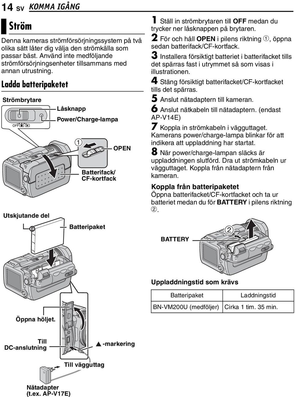 Ladda batteripaketet Strömbrytare Utskjutande del Låsknapp Power/Charge-lampa Batterifack/ CF-kortfack Batteripaket OPEN 1 Ställ in strömbrytaren till OFF medan du trycker ner låsknappen på brytaren.