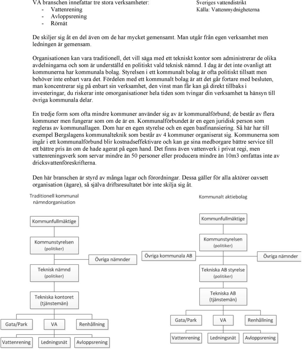 Organisationen kan vara traditionell, det vill säga med ett tekniskt kontor som administrerar de olika avdelningarna och som är underställd en politiskt vald teknisk nämnd.