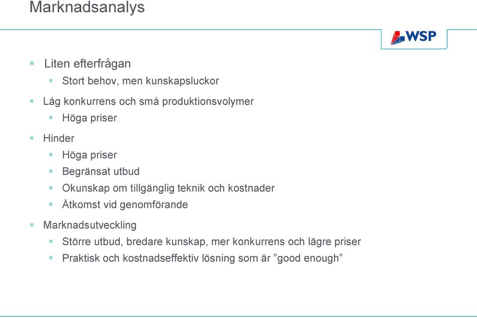 teknik och kostnader Åtkomst vid genomförande Marknadsutveckling Större utbud, bredare