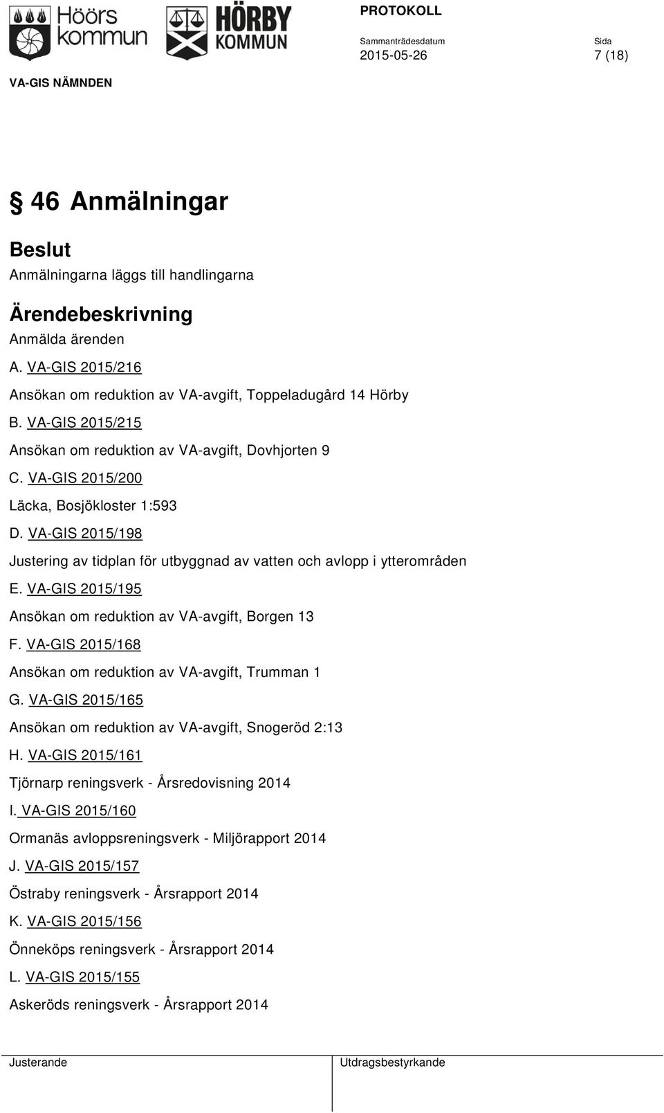 VA-GIS 2015/198 Justering av tidplan för utbyggnad av vatten och avlopp i ytterområden E. VA-GIS 2015/195 Ansökan om reduktion av VA-avgift, Borgen 13 F.