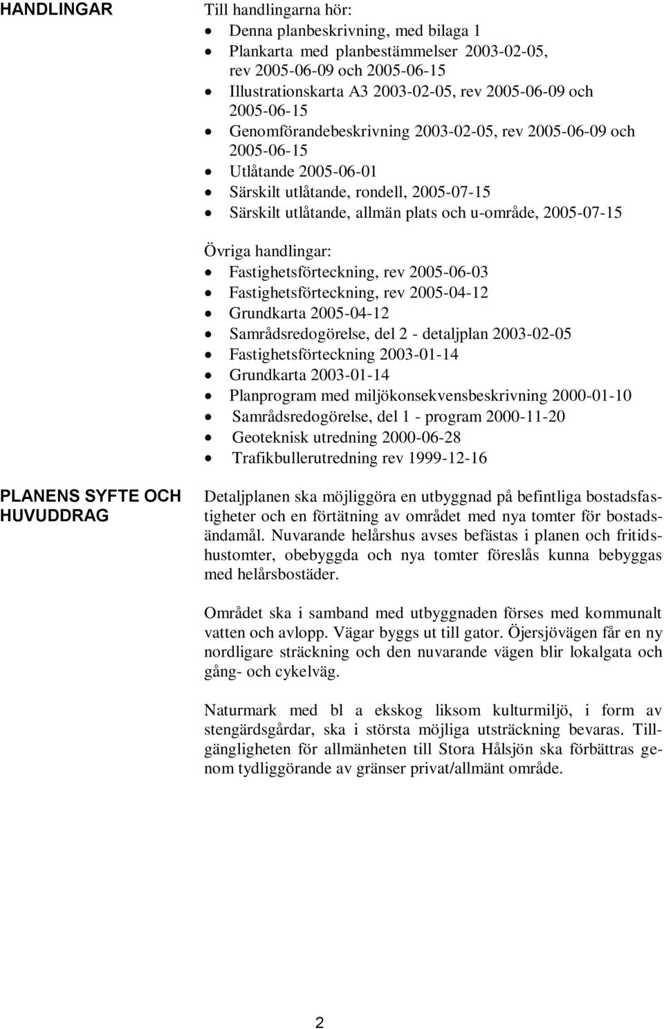 Övriga handlingar: Fastighetsförteckning, rev 2005-06-03 Fastighetsförteckning, rev 2005-04-12 Grundkarta 2005-04-12 Samrådsredogörelse, del 2 - detaljplan 2003-02-05 Fastighetsförteckning 2003-01-14