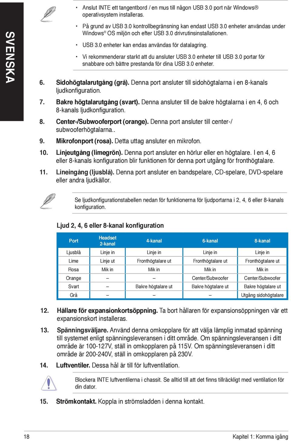 0 enheter till USB 3.0 portar för snabbare och bättre prestanda för dina USB 3.0 enheter. 6. Sidohögtalarutgång (grå). Denna port ansluter till sidohögtalarna i en 8-kanals ljudkonfiguration. 7.