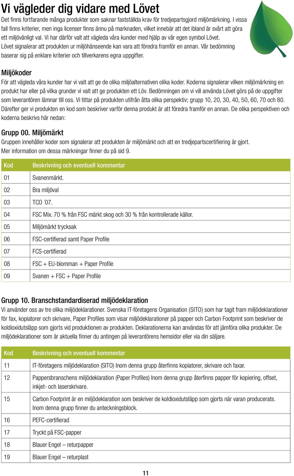 Vi har därför valt att vägleda våra kunder med hjälp av vår egen symbol Lövet. Lövet signalerar att produkten ur miljöhänseende kan vara att föredra framför en annan.